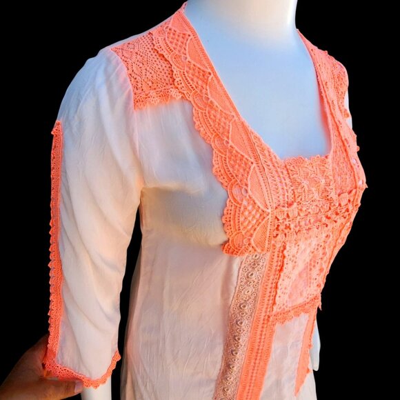 Johnny Was Size M Sheer White Boho Tunic Top Long Sleeves with Orange Lace - Picture 2 of 10